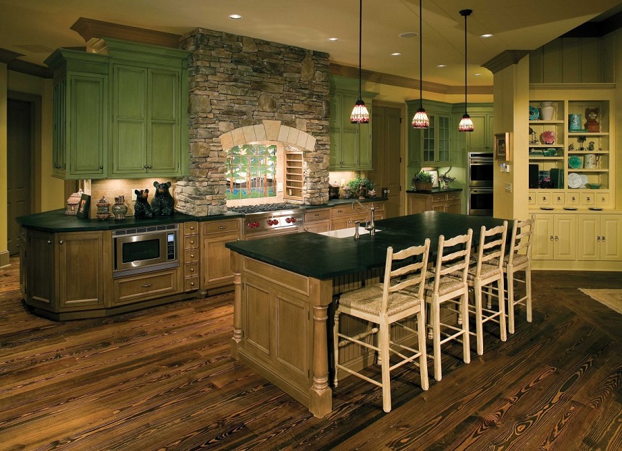 mini-hanging-lighting-in-rustic-kitchen-design-photo-gallery-and-wicker-stools-and-hardwood-floor-feat-stone-accent-wall (1)